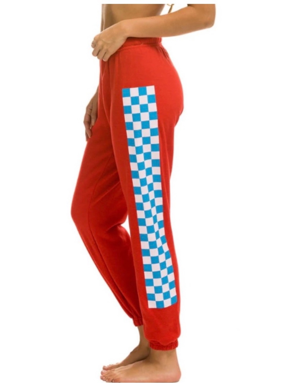Aviator Nation Check Leg Sweatpants in Red. - Picture 2 of 8